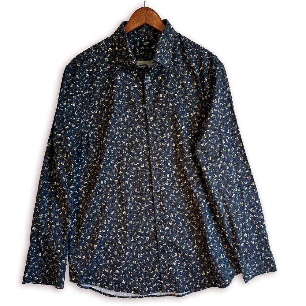 Express Men's Long-Sleeve Button-Down Size L Slim Dark Blue Floral Classic